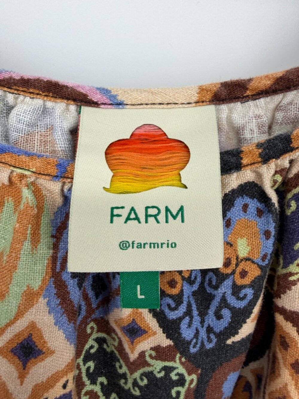 FARM Rio Ikat Heart 100% Linen Puff Sleeve Mini Dress Size L - Picture 7 of 9
